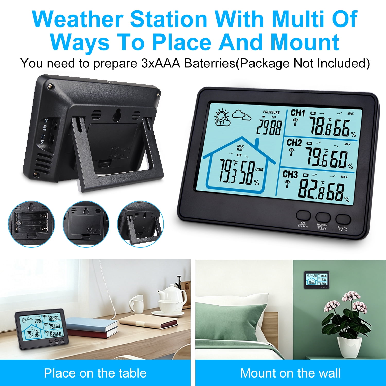 AILKIN Weather Stations for Home with 3 Outdoor Sensor,Wireless Indoor Outdoor Thermometer with Humidity Monitor,Backlight,Weather Stations for Home Large Dispaly,Black