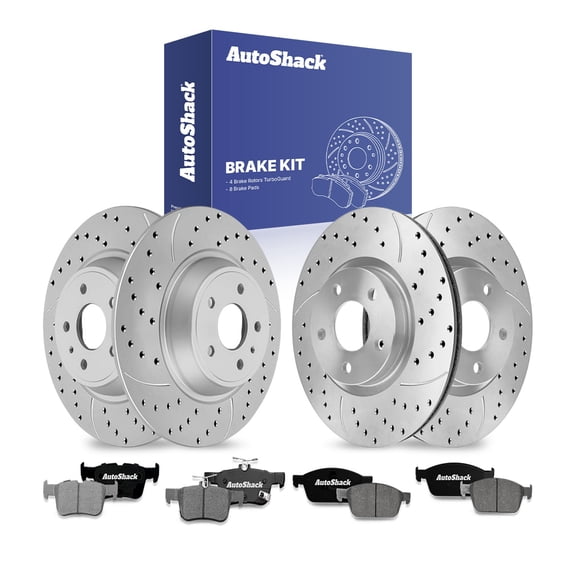 AutoShack Front Vented & Rear Solid Drilled & Slotted Coated Brake Rotors Silver Matte Finish   Ceramic Pads 12-PC Brake Kit Replacement for 2017 Ford Escape TurboGuard