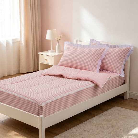 NTBED Zipper Bedding Twin Zip Up Bedding Set for Girls and Kids Pink Checked Plaid Comforter Set