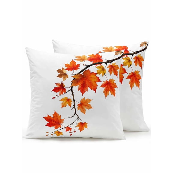 Outdoor Pillows Waterproof, Fall Thanksgiving Bedding Throw Pillows with Insert for Couch Sofa Bed, Autumn Botanical Orange Maple Branches 16x16 Inch Pillowcases Decorative Patio Pillow Set of 2