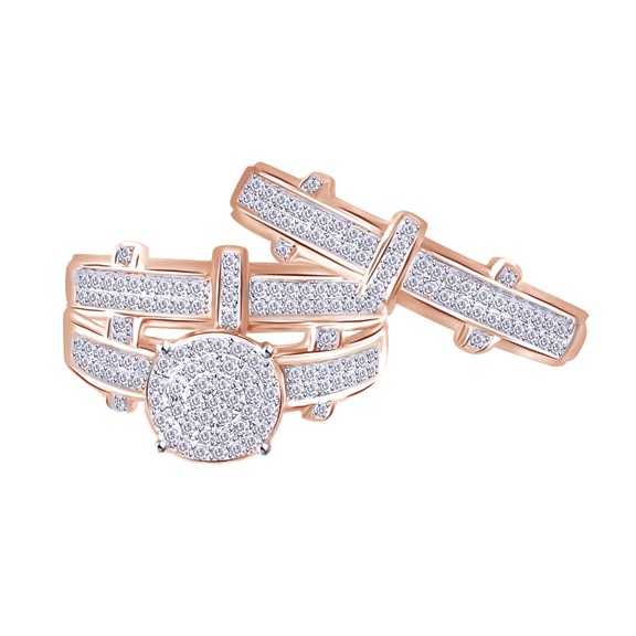 AFFY White Natural Diamond Engagement & Wedding Trio Bridal Ring Set In 10k Rose Gold (0.85 Cttw)