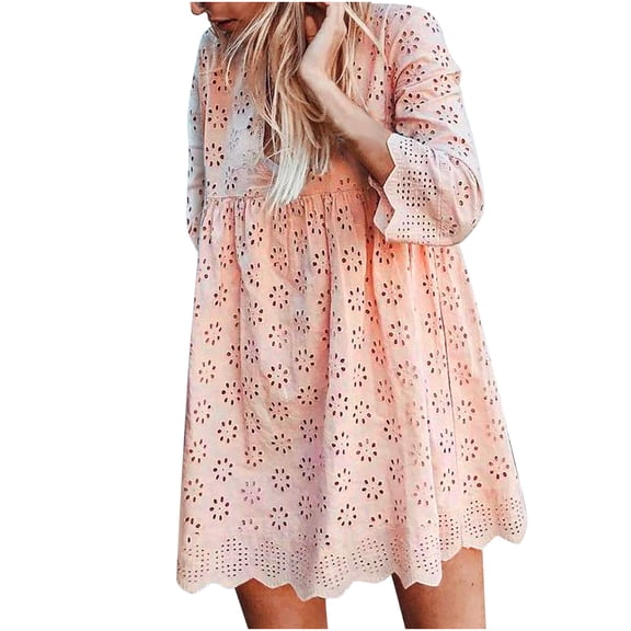 LLYwey Midi Cocktail Dresses for Women Fashion Bohemian V-Neck Loose 3/4 Sleeve Hollow Out Solid Dress New Casual Dresses Pinks Xl