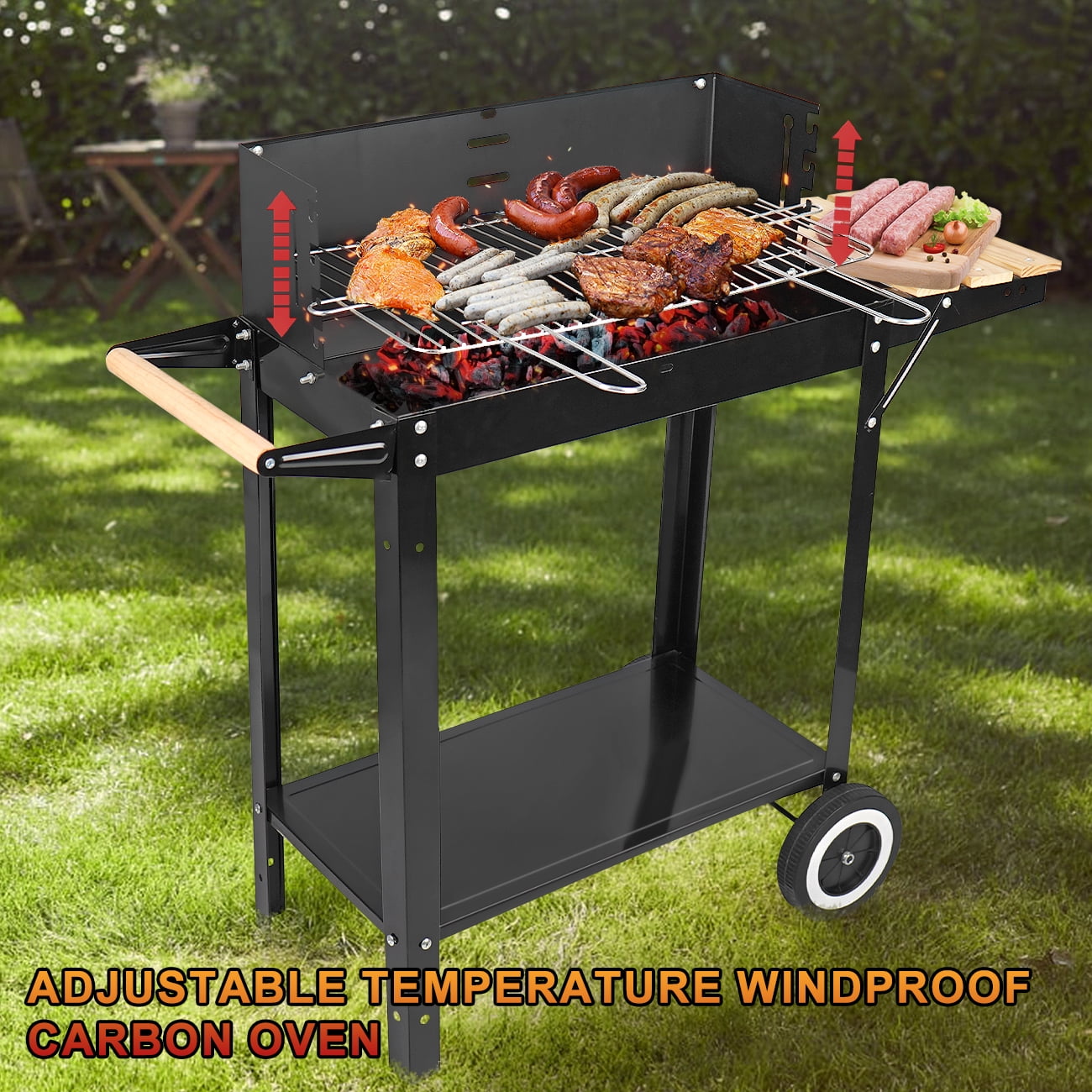 Linsen-outdoors Stainless Steel Charcoal Grill with Wheels - Heavy-Duty Roller Cart & Handles for Easy Moving, Portable Outdoor BBQ Grill Perfect for Backyard and Patio