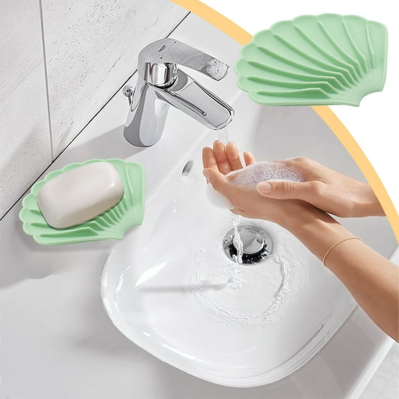 HongHeng 1Pc Green Silicone Soap Dish Soap Dish with Drainage Keep Soap Dry Cute Soap Dish Shell Shape for Bathroom Kitchen Sinks