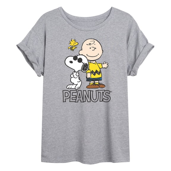 Peanuts - Charlie Brown, Snoopy & Woodstock - Juniors Oversized Graphic T-Shirt