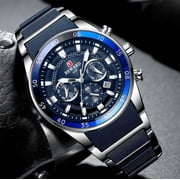 Men's VIP Luxury Chronograph Watch, blue dial, stainless steel case, silicone strap, water-resistant sports watch with date display, chronograph, luminous hands, stainless steel and silicone strap.