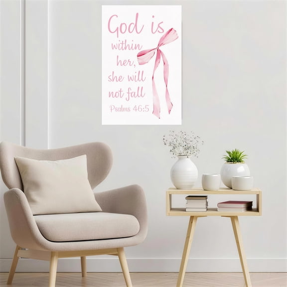 "God Is Within Her" Psalms 46:5 Canvas Wall Art, Pink Bow Christian Framed Decor, Scripture Bible Verse Painting for Bedroom Living Room, Faith-Based Home Decor Ready to Hang 12"x18"
