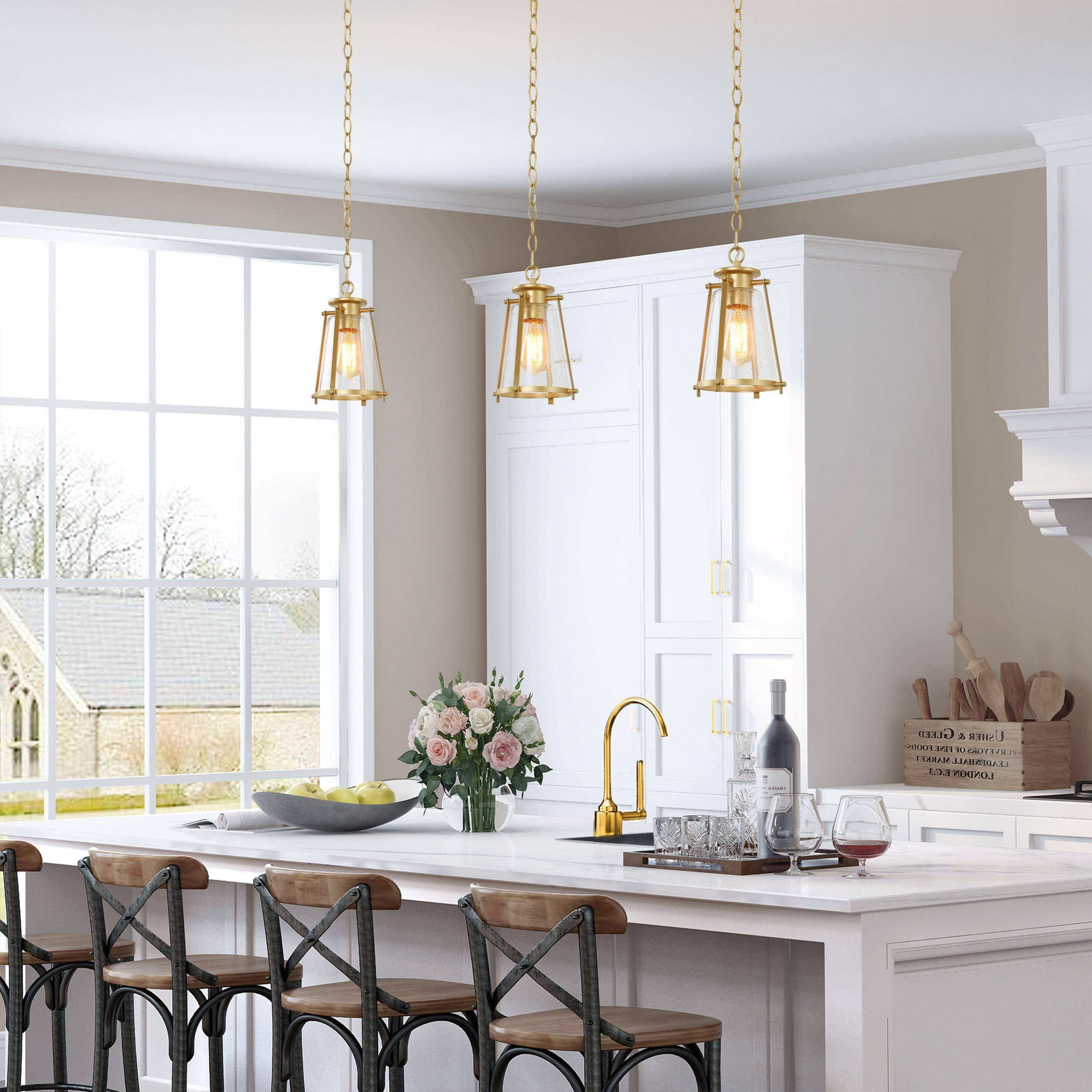 LNC 1-Light Matte Gold Cone Mini Pendant with Clear Seeded Glass for Kitchen or Bar
