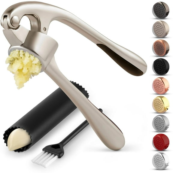 Premium Garlic Grinder with Peeler: Dishwasher Safe Garlic Press Tool, Soft Grip Handle for Easy Use, Great for Crushing Nuts and Seeds (Silver)