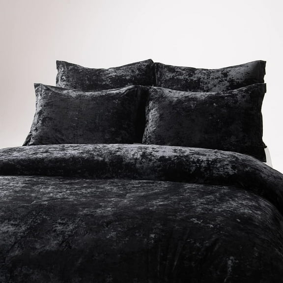 Distressed Velvet Comforter Set, 5 Pieces Black Queen