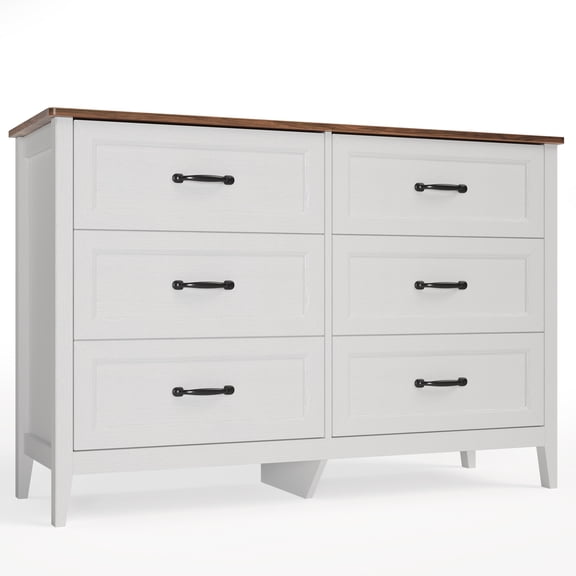 White Dresser, Gizoon 6 Drawer Dresser for Bedroom, Modern Farmhouse Chest of Drawers with Gold Handles for Living Room