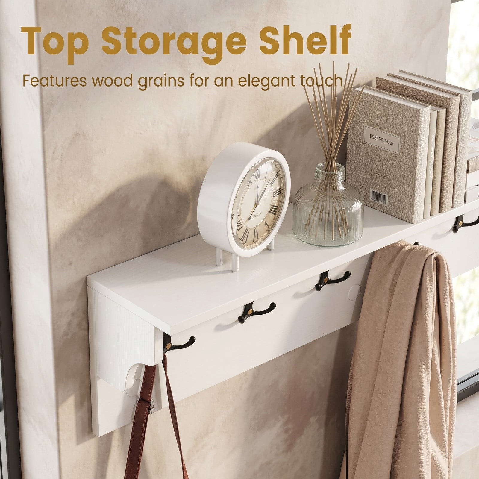 Furnibear Wall Mounted 31.5 inch Wooden Coat and Hat Rack with Top Shelf and 6 Hooks for Hats Towels Purses and Robes, White