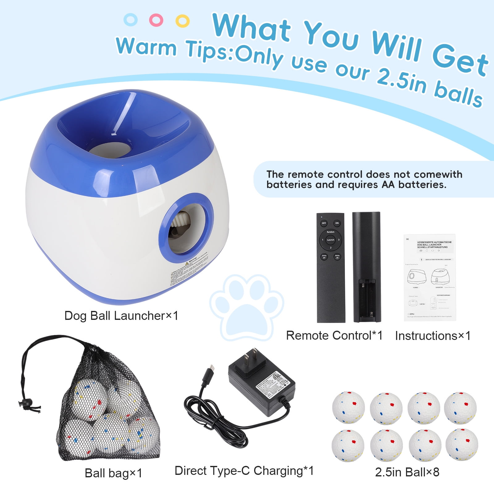 GYZJ Automatic Ball Launcher for Large Dogs: Interactive Dog Ball Thrower w/Remote Control,3 Distance Settings(40/60/80FT),8 2.5" ETPU Tennis Balls
