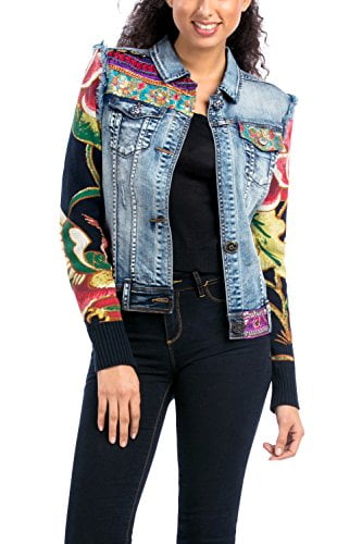 Desigual Women's Denim Jacket – Blue Straight Fit With Floral Print & Embroidered Details