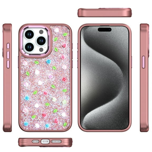 For Apple iPhone 12 /12 Pro Floral Design Embedded Glass Diamond Fancy Fashion Glitter Bling Sparkly Hybrid Rugged TPU Bumper Cover, XPM Phone Case [Rose Gold]