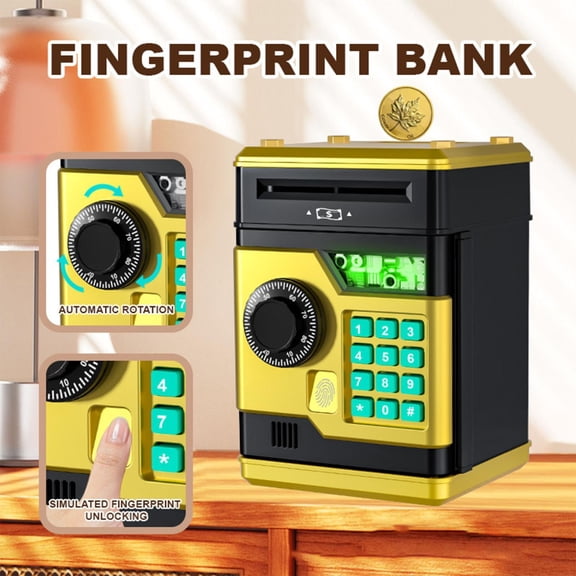 Money Box Gift,Money Saver,Electronic Piggy Bank with Password Large Capacity ATM Piggy Bank Automatic Paper Money Scroll Saving Box,Fingerprint Password Box Bank ATM Deposit(Gold)