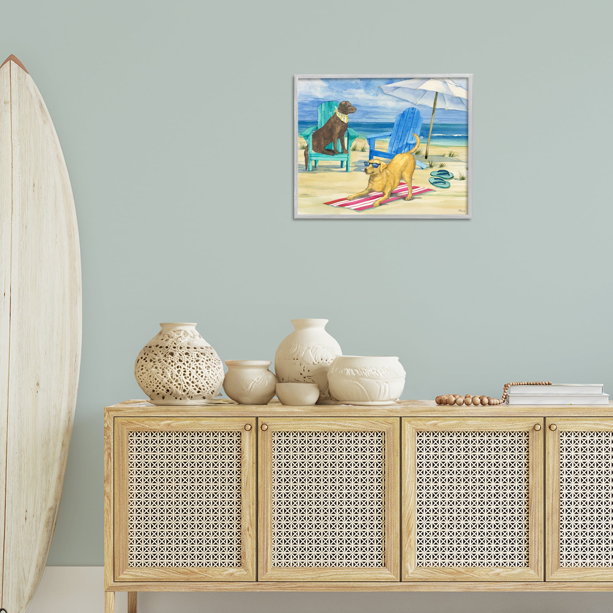 Stupell Industries Dogs on Beach Towel Animals & Insects Painting Gray Framed Art Print Wall Art, 20 x 16