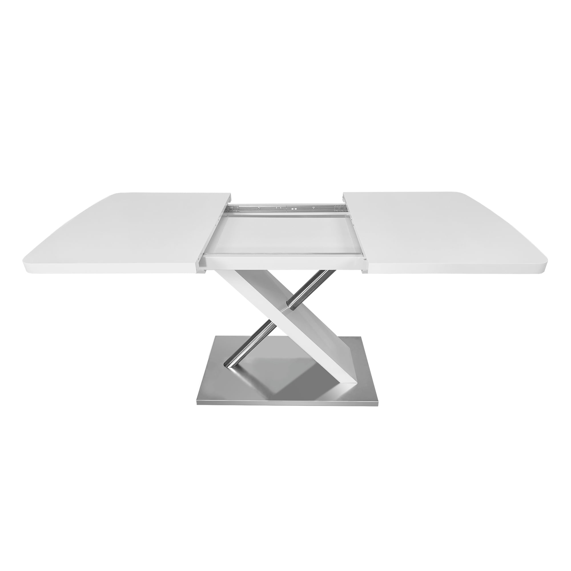 Glossy Dining Table for 4-6 People, 47.25"-63" Extendable Dining Table with Crossed Metal Base and Stainless Steel Tubes, Large Dining Table for Kitchen, (White)