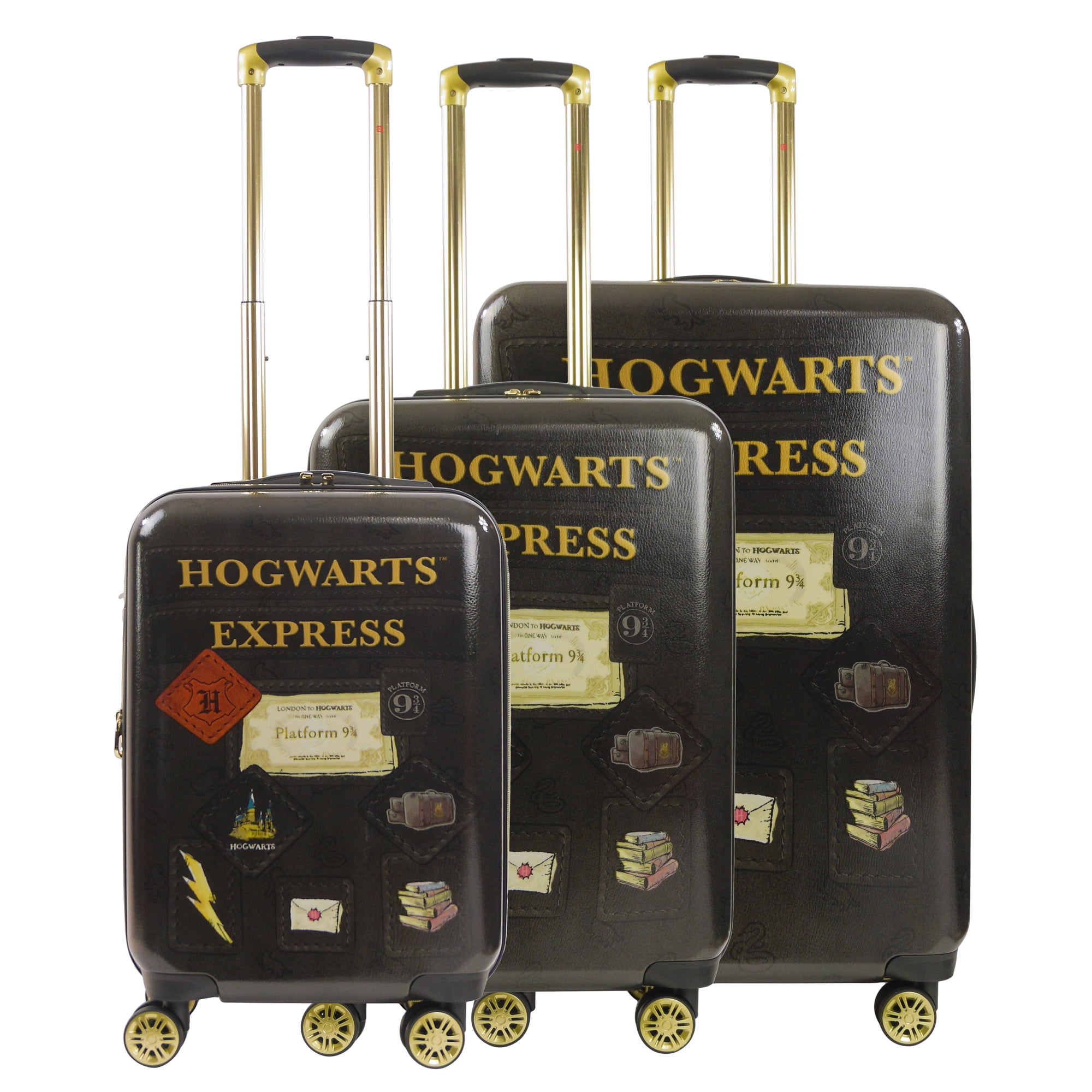 Harry Potter 3 Piece Set Rolling Luggage, Hogwarts Express Hardshell Suitcase with Spinner Wheels, 21, 25 and 29 Inch, Black