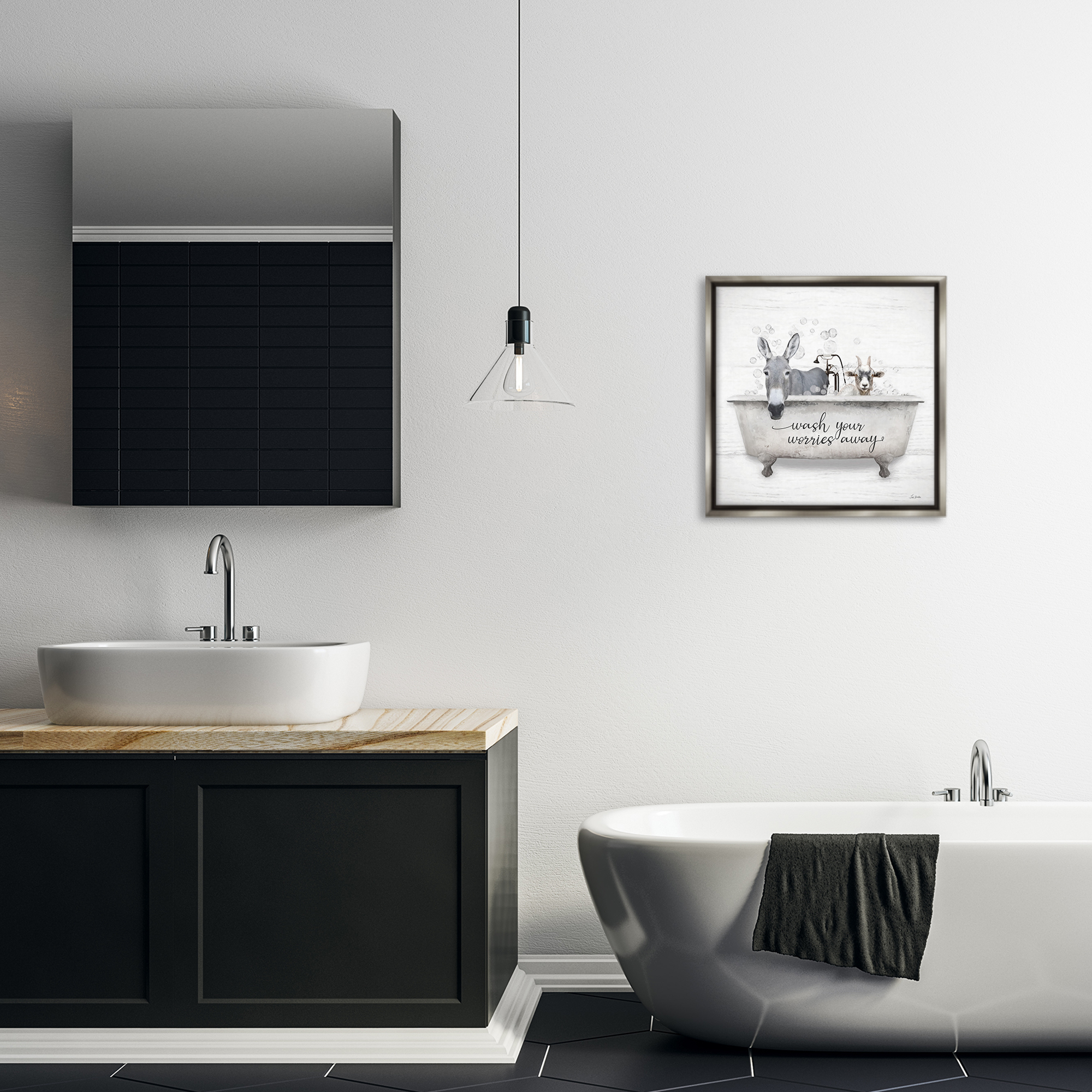 Stupell Industries Wash Worries Away Tub Typography Painting Gray Floater Framed Canvas Art Print Wall Art, 18 x 18
