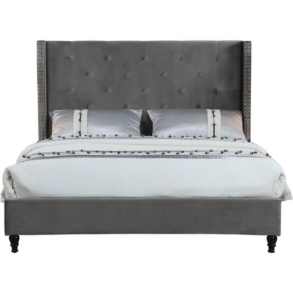 Best Master Furniture Valentina Velvet Fabric Wingback Platform Full Bed in Gray