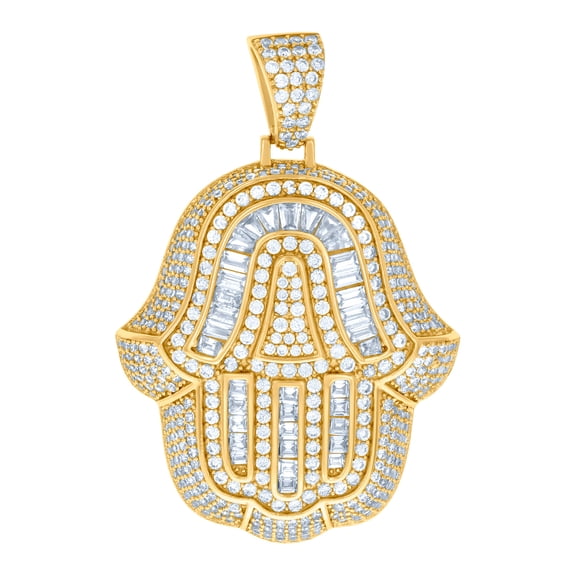 925 Sterling Silver Yellow-tone Mens Baguette Round Cubic Zirconia Hamsa Symbol Religious Pendant Necklace for Men