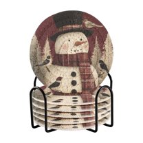 6 Pcs Drink Coasters with Holder 3.94in Woven Coasters for Drinks Snowman and Birds Coaster Set for Protection Table