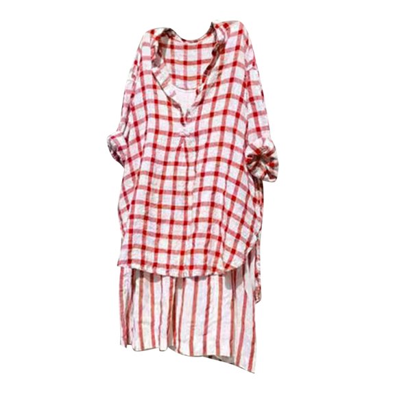 Raeneomay Long Sleeve Shirts for Women Button Down Lattice Print Summer Linen Shirt With Round Neck Shirts
