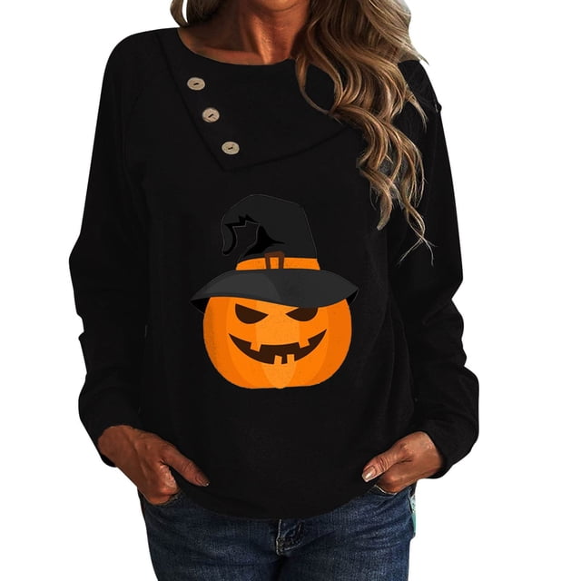 Hauts pour Femmes Mode Manches Longues Boutonné Imprimé Mignon Col Rond Pull Léger Tempérament Sport Blouse Douce (Petit, Noir)