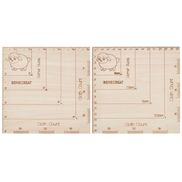 2 medidores cuadrados de madera para ganchillo y punto, 1", 2", 3", 4" y 5". Esquina con patrón de oveja para marcar el punto de inicio de la puntada.