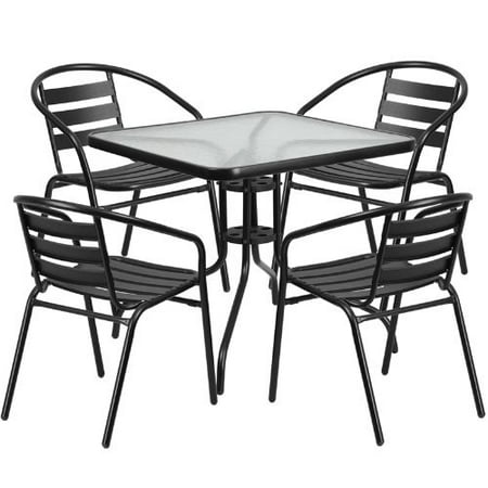 Aluminum Slat Table - Flash Furniture 31.5'' Square Glass Metal Table with 4 Black Metal Aluminum Slat Stack Chairs