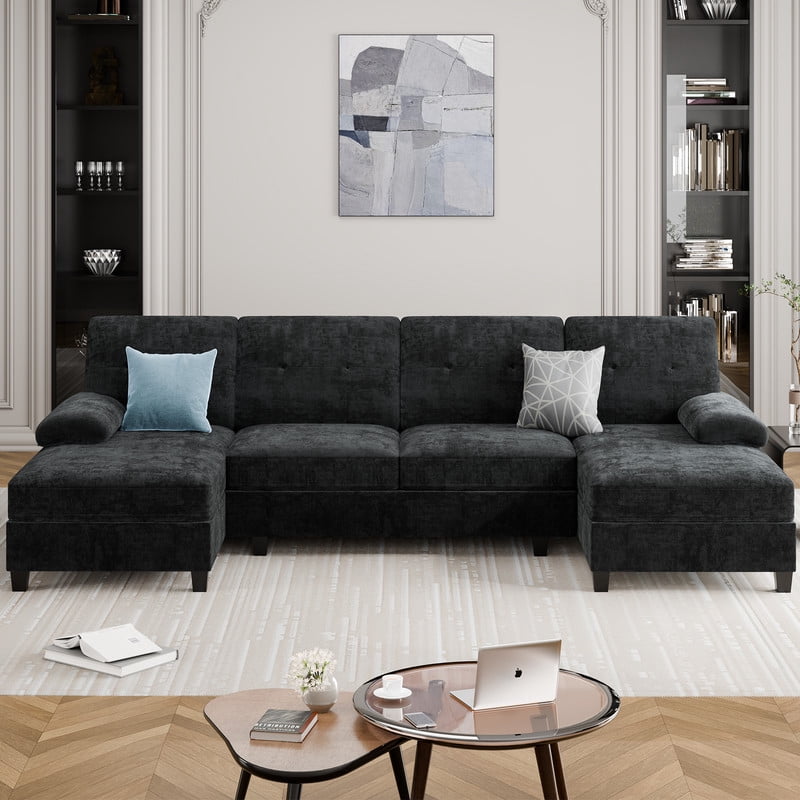 Walsunny U-Shaped Sectional Sofa Couch, 4 Seat U Shaped Oversized Clearance Sofa Set with Double Chaise for Living Room, Black