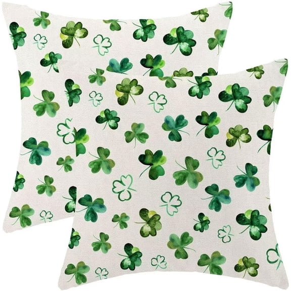Watercolor Shamrock Lucky Clover Throw Pillow Covers 18x18 Inch Set of 2, St Patricks Day Pillow Covers Farmhouse Linen Shamrock Green Cushion Case Decoration for Sofa Couch Indoor Outdoor