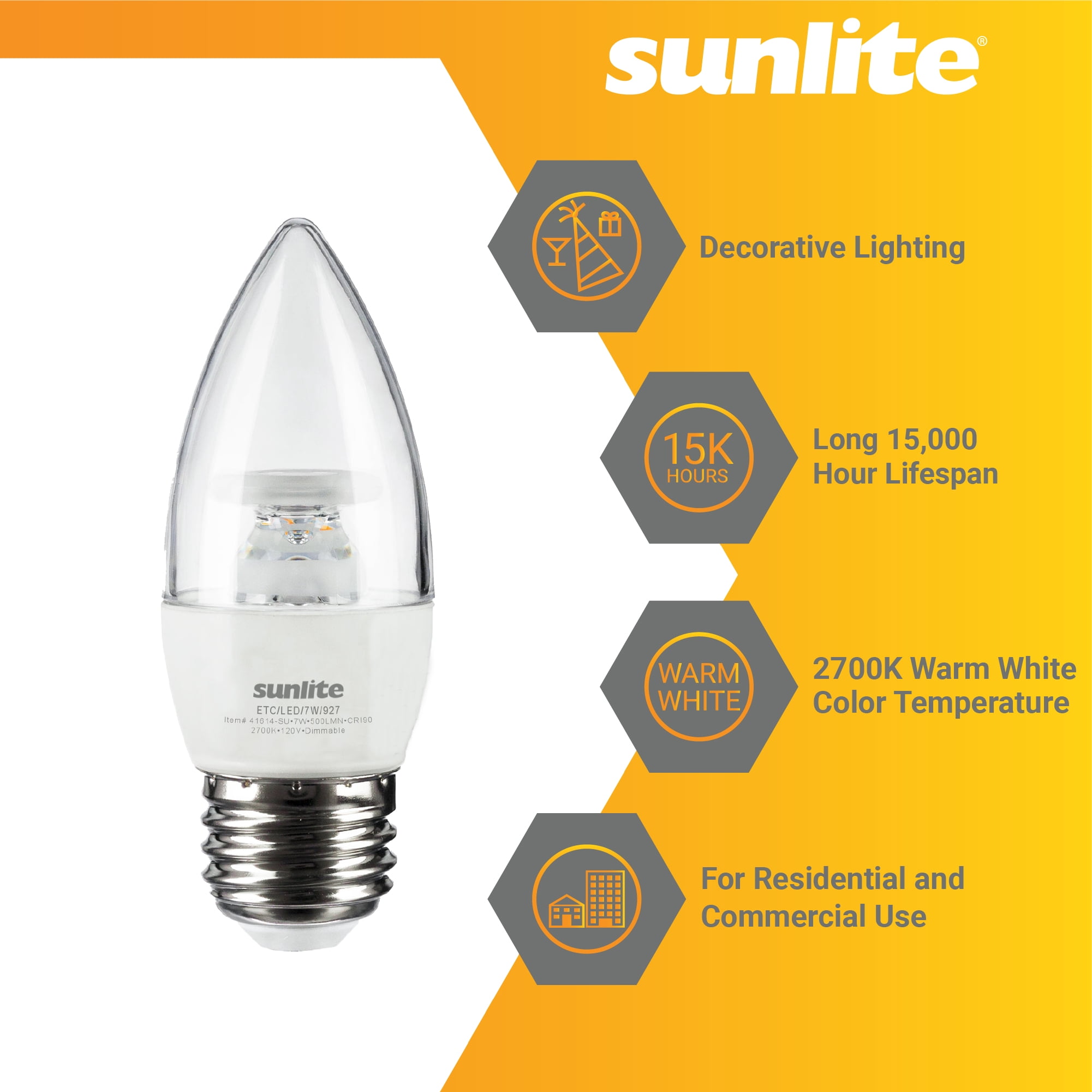 Sunlite LED Torpedo Tip B10 Clear Chandelier Light Bulb, 7 Watts (60W Equivalent), 500 Lumens, Medium Base (E26), 90 CRI, Dimmable, ETL Listed, 2700K Soft White, 6 Count