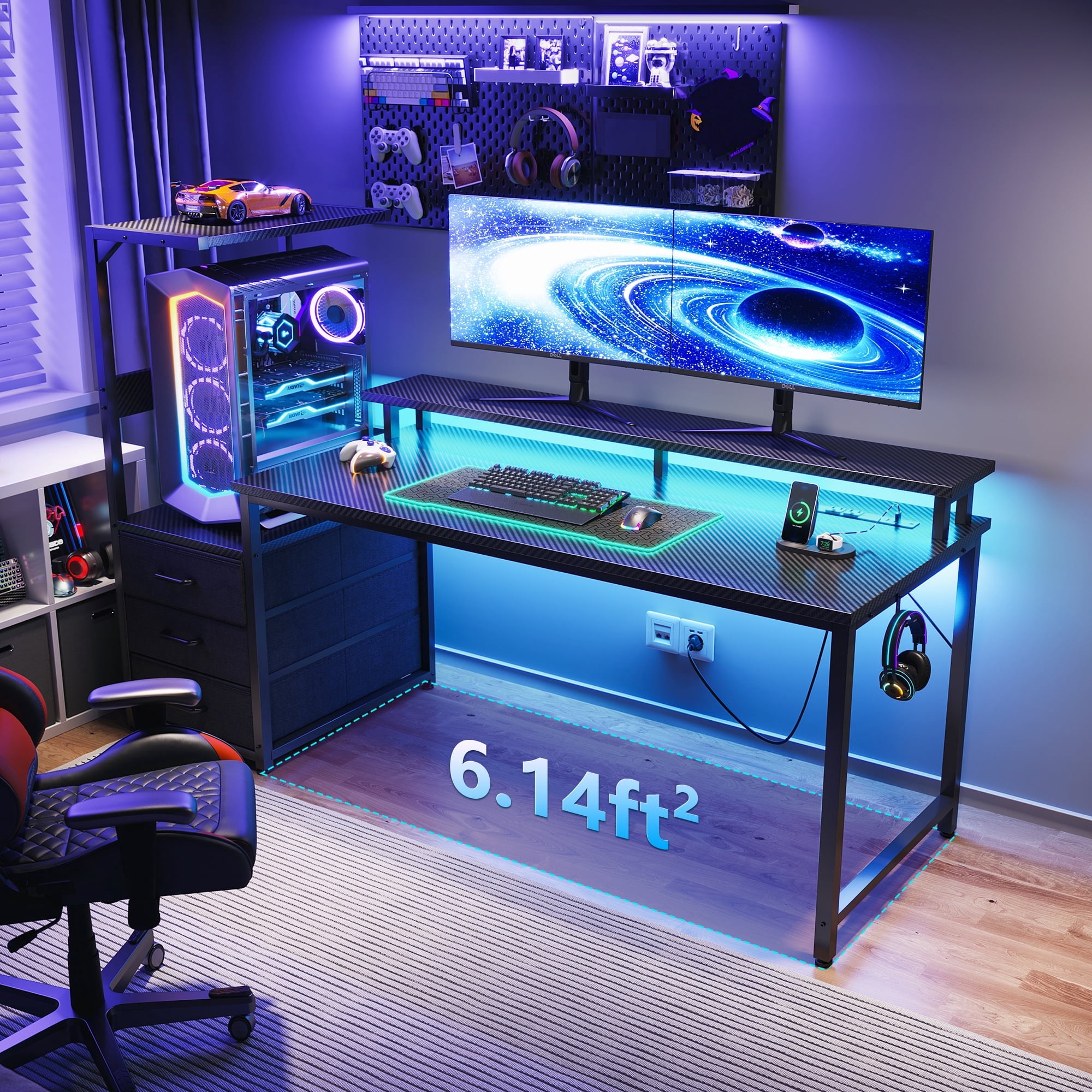 59" Gaming Desk with LED Lights & Reversible Storage Drawer, LED Gamer Desk for Home and Office, Computer Office Desk with with Headphone Hook, Carbon Fiber Black