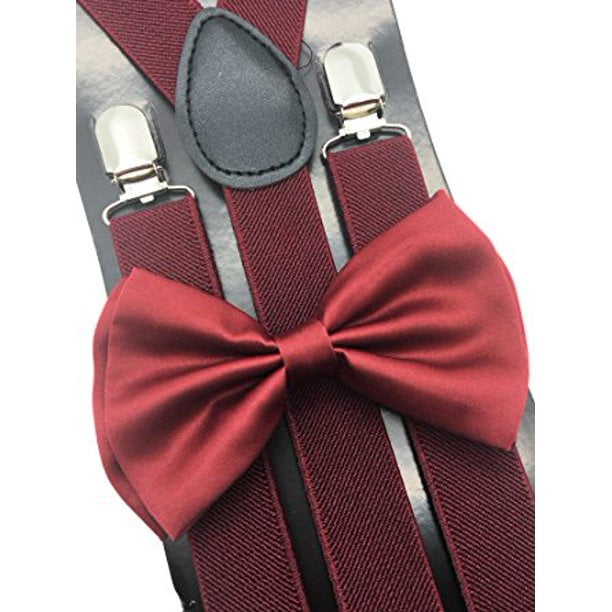 Maroon Plaid Bow Tie & Brown Suspender Matching Set Tuxedo Wedding Accessories 