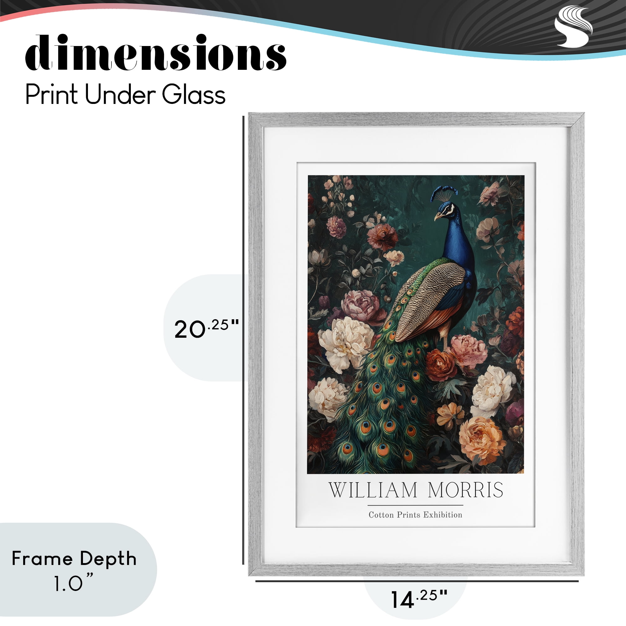 Stupell Industries Vintage Floral Peacock William Morris Gray Framed Print Under Glass, design by Petal Prints Design