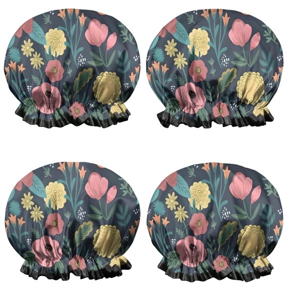 Shower Caps,Pioneer Flower Floral Print Pattern Waterproof Shower Cap for Women 4 Pieces,Double Reusable Hair Cover for Shower PEVA Elastic Stretch Hem