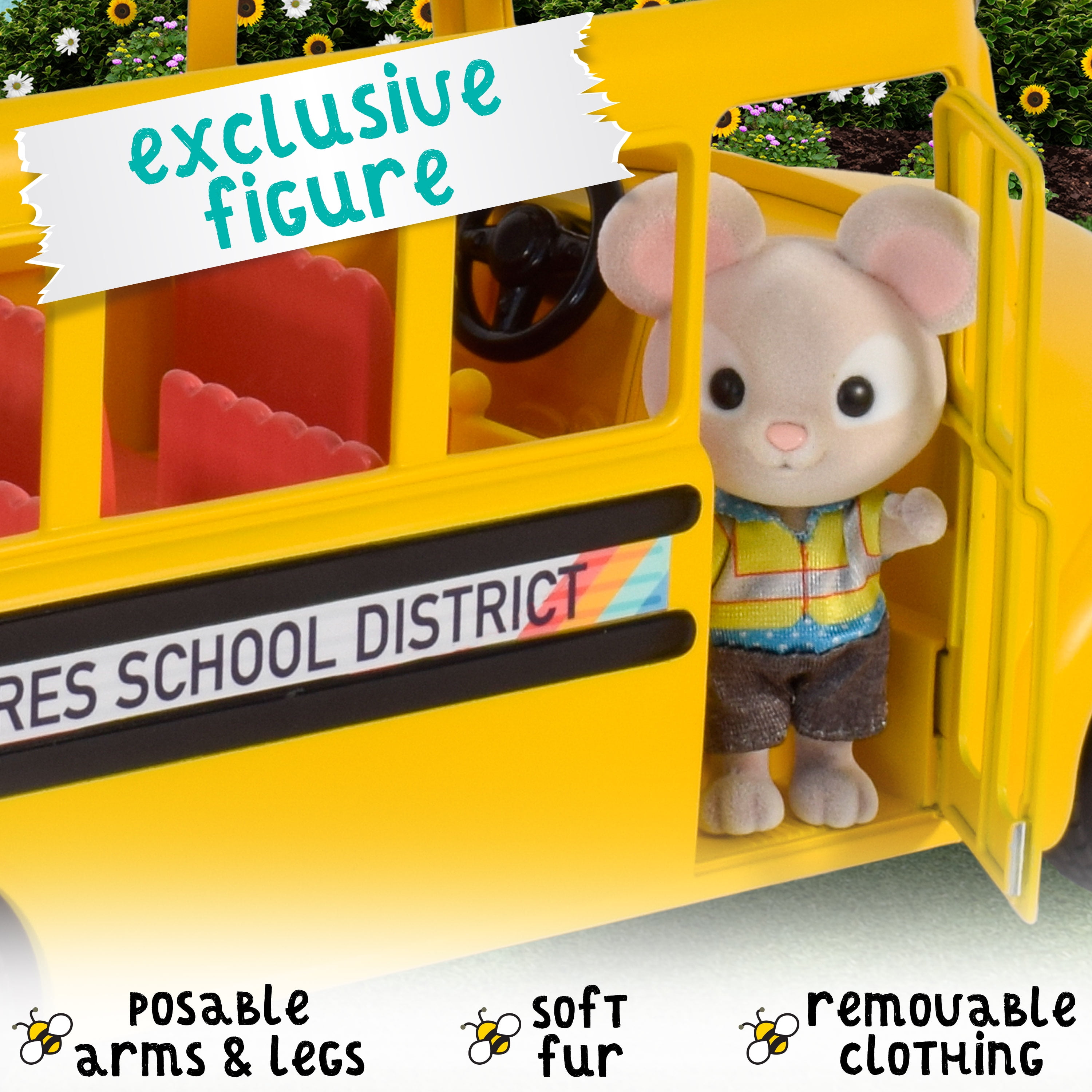 Honey Bee Acres Sunshine School Bus – Vehicle Toy with Lights & Sounds, Opening Doors, and Mouse Figure – Pretend Play Dolls for Kids Ages 3+
