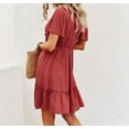 thumbnail image 2 of Mutural Summer Beach Dress Ladies Short Sleeve Solid Color Purfle Lace V Neck Mini Sundresses For Women Large Red, 2 of 5