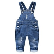 KIDSCOOL SPACE Baby Boy Girl Jean Overalls,Toddler Ripped Denim Cute Workwear,Blue,6-12 Months