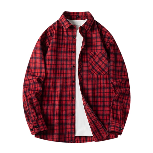 Blusa y camisa de manga larga con cuello vuelto para hombre, estilo informal, a cuadros, con bolsillos y botones, de licra