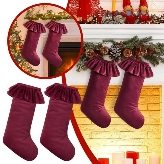 2 Pack Large Velvet Christmas Stockings, 18 Inch Neutral Xmas Stockings with Ruffled Design & Hanging Loops for Fireplace Mantle, Vintage Holiday Party Decor