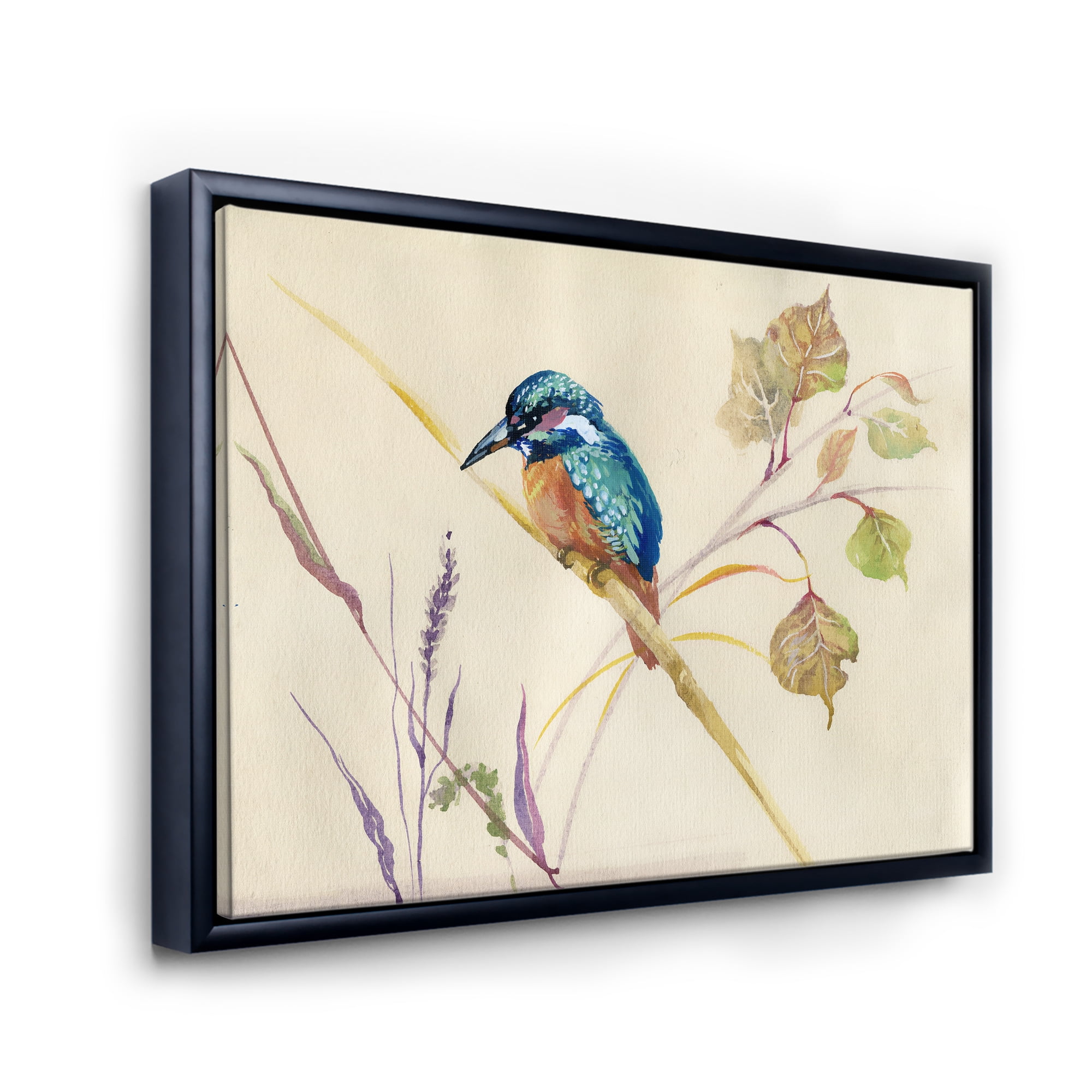Common Kingfisher Bird On Branch 32 in x 24 in Framed Painting Canvas Art Print, by Designart