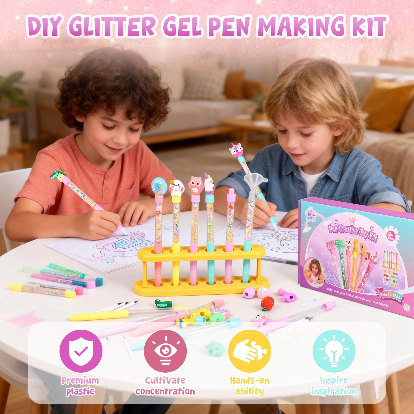 DIY Glitter Gel Pen Making Kit Creative Glitter Pen Craft Kit with 20 Replacement Refill 2 Funnel 2 Spoon for 5 to 12 Years Old Girl Boy Plastic Colorful