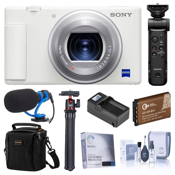 Sony ZV-1 Compact 4K HD Digital Camera, White Bundle with Sony Shooting Grip/Tripod, 64GB UHS-II SD Card, Bag, Mic, Flexible Tripod, Extra Battery, Charger and Accessories