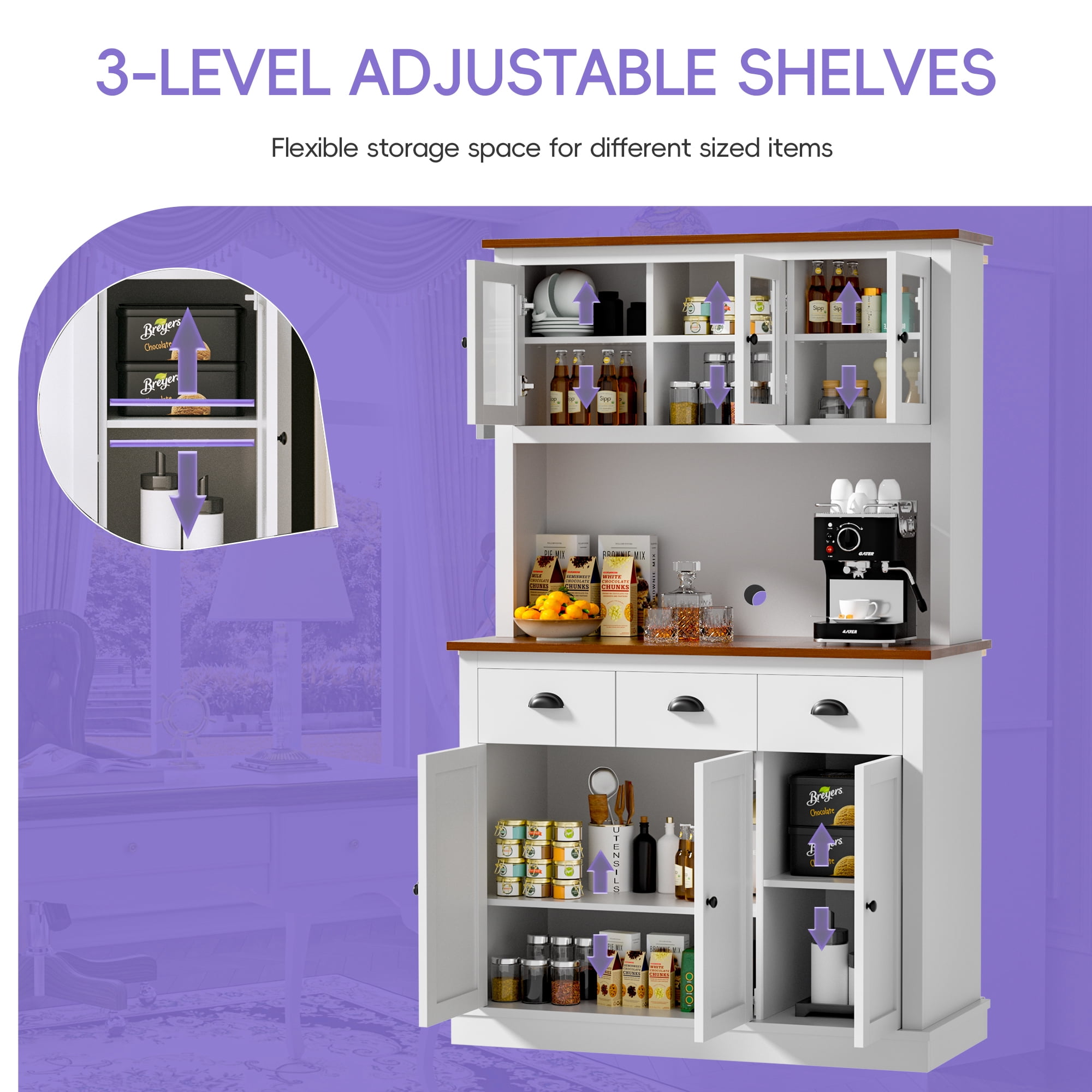 Joywind Freestanding Kitchen Hutch with Charging Station, Storage Drawers, and Adjustable Shelves - Perfect Pantry Cabinet, 71.2 in(White)