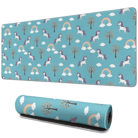 Long Mouse Pads for Desk,Blue Cartoon Unicorn Tree Rainbow Cloud Desk Mats on Top Of Desks, Desk Mouse Pad Extra Large with 3mm Non-Slip Base and Stitched Edge for Gaming,Work,Home 31.5"x11.8"