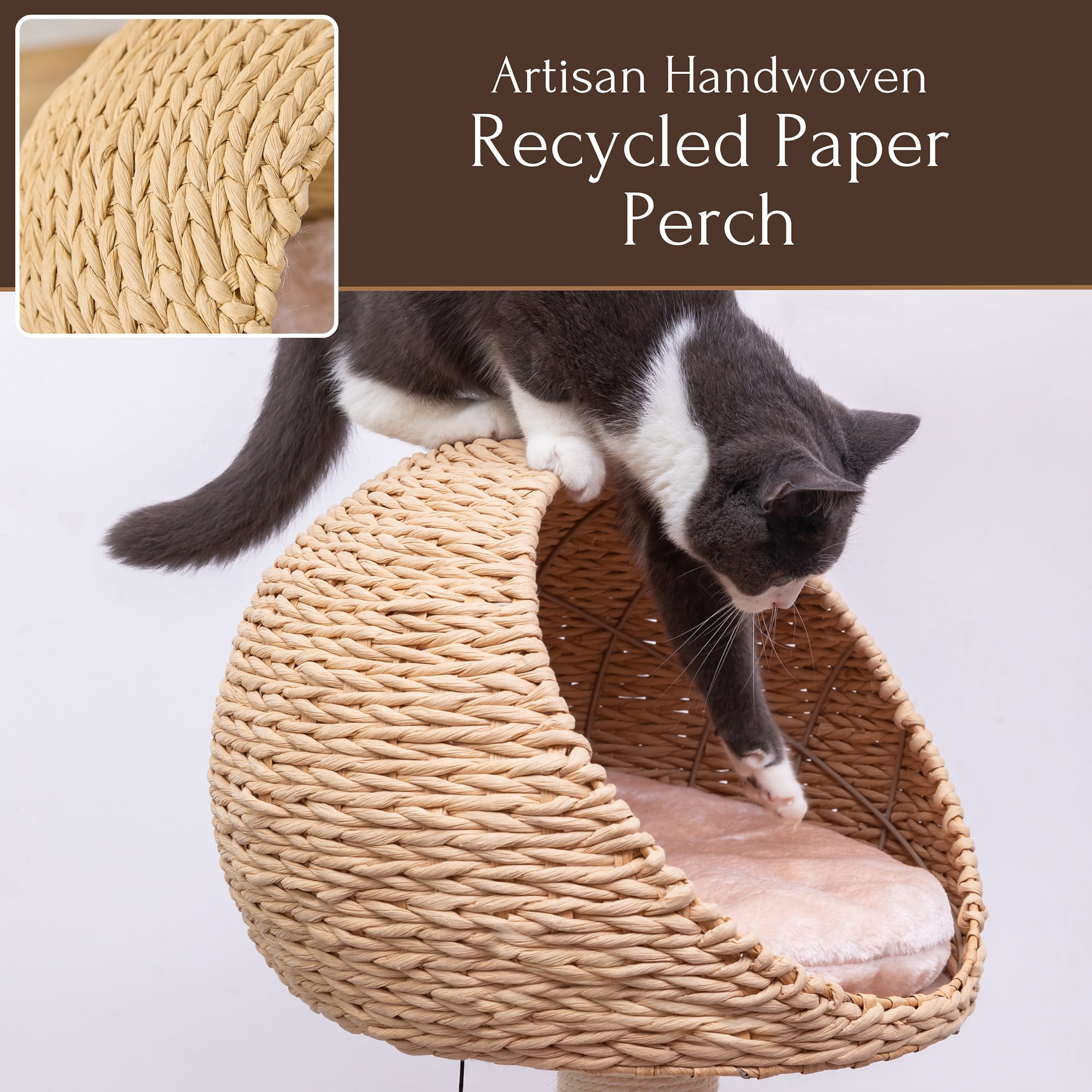 Petpals 29"High 2-Lvl Handwoven Paper Rope Hoodie Cat Basket Bed with Sisal Scratching Post, Beige