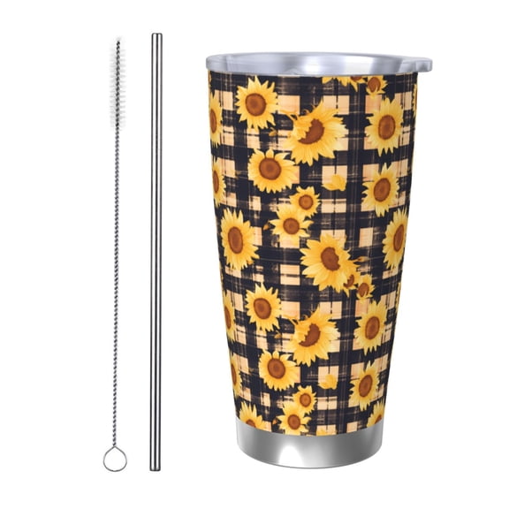 Rateoe Vintage Black White Plaid Sunflowe Printed Car Guy Gifts for Men Women Tumbler - 20oz/590ml Vacuum Insulated Stainless Steel Travel Tumbler Cups with Lid & Straw-Straw Two-piece Set